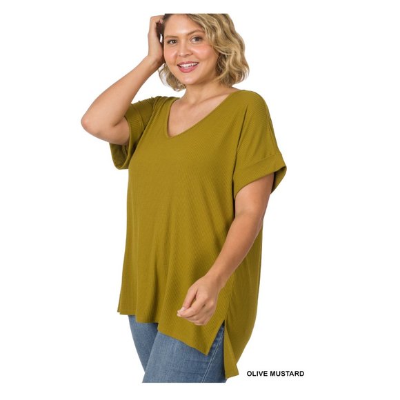 Plus Size Ribbed Knit Top Short Sleeve V-Neck With Side Slits Olive Mustard - Picture 2 of 4
